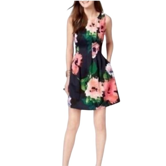 Vince Camuto Floral Flutter Pleated Fit & Flare Navy Pink Dress Women Size 14 - Picture 8 of 8